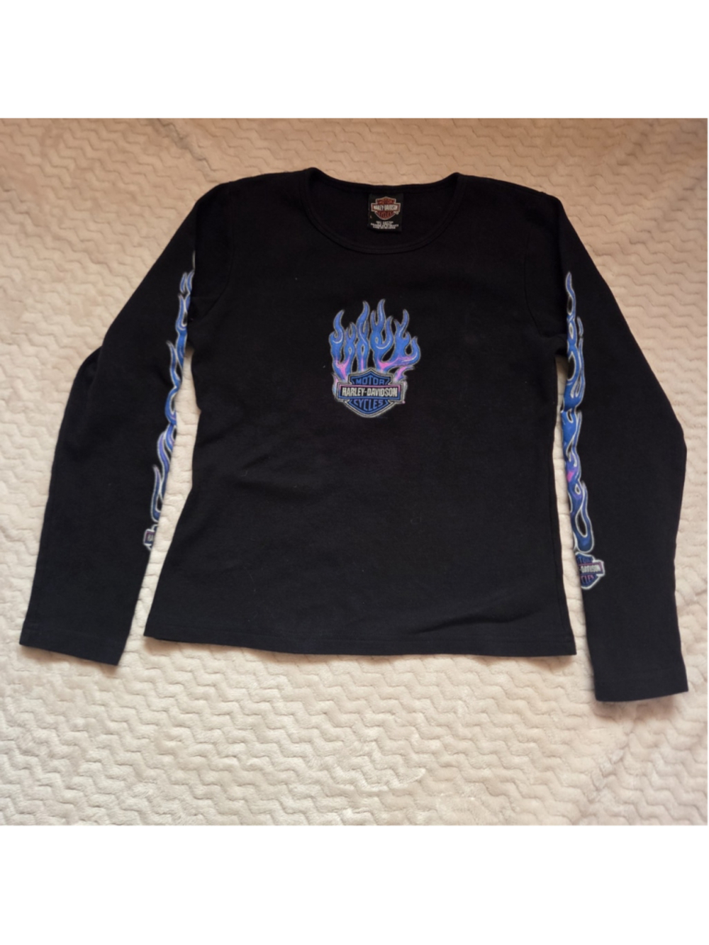 Ladies Harley Davidson T Shirt Long Sleeve Blue Flames Size L Vintage